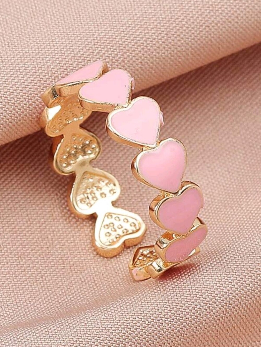 Delicate Gold Band Ring W/ Pink Enamel Heart Accents, NWT, Adjustable